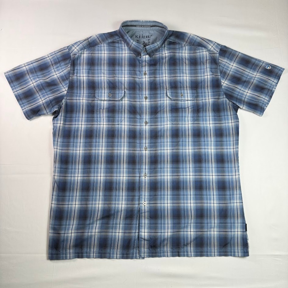 Kuhl Eluxur Mens XXL Blue Plaid Short Sleeve Button Down Hiking Shirt